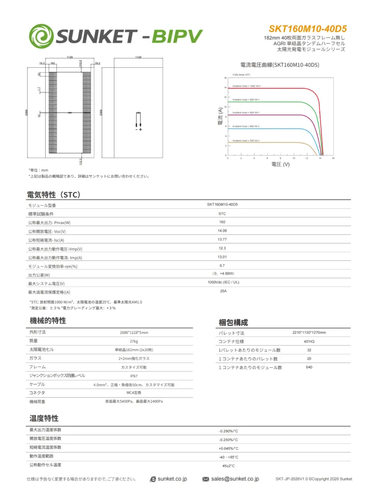 AGRI-PV 160W仕様書裏面